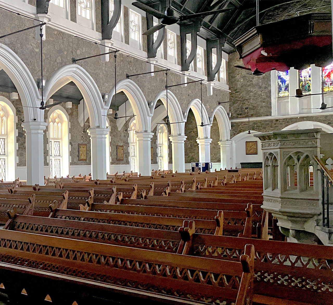 Interior of St. Michael and All Angels prepared for a wedding